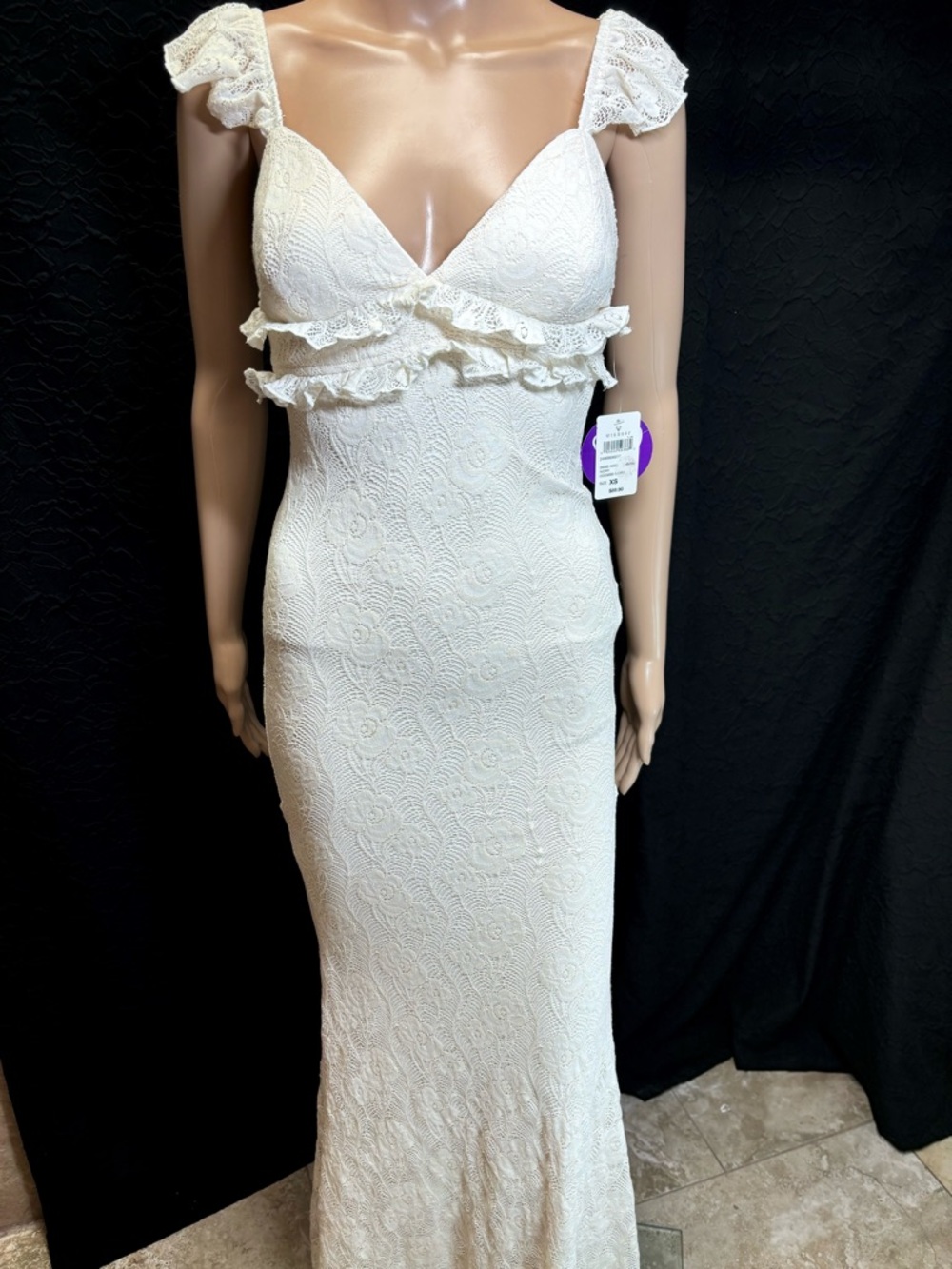 Windsor Ivory Lace Backless Maxi Dress with Ruffle Straps and one back